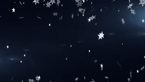 Digitale-Animation-Mehrerer-Sterne-Und-Schneeflocken,-Die-Vor-Blauem-Hintergrund-Fallen