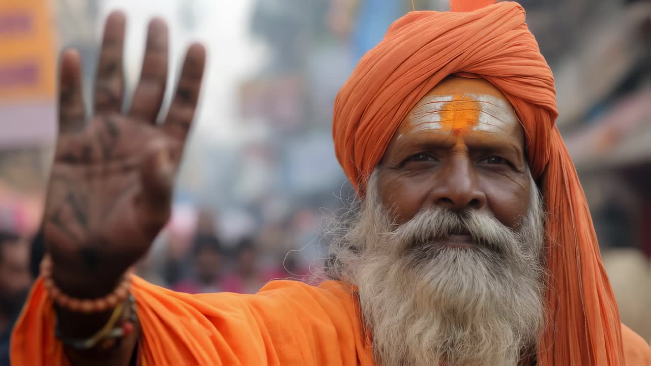 Aging sadhu with flowing white beard, wearing bright orange turban, gesturing expressively amid crowded Varanasi street, representing spiritual depth of traditional Hindu culture