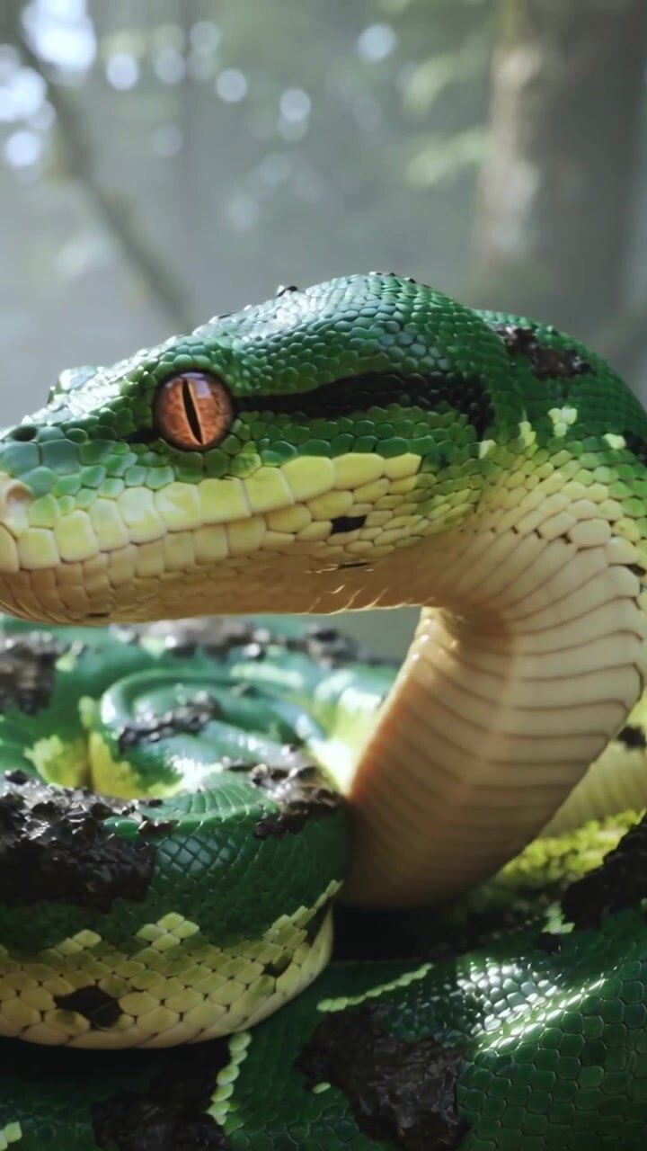 Vertical video: Turning green snake lifting neck on mossy branch in mist as lens nears, scanning