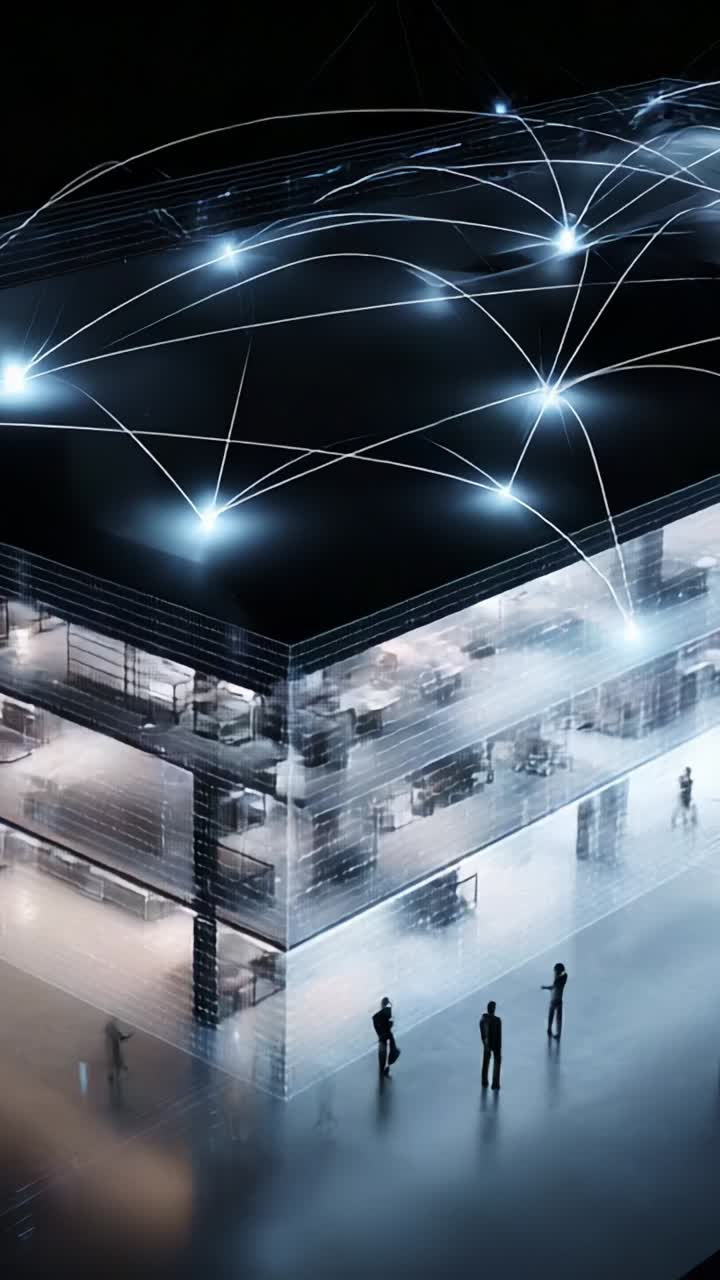 A Futuristic Office Building with Digital Connectivity and Innovative Architectural Design Showcasing Advanced Networking and Collaboration in Modern Workspaces