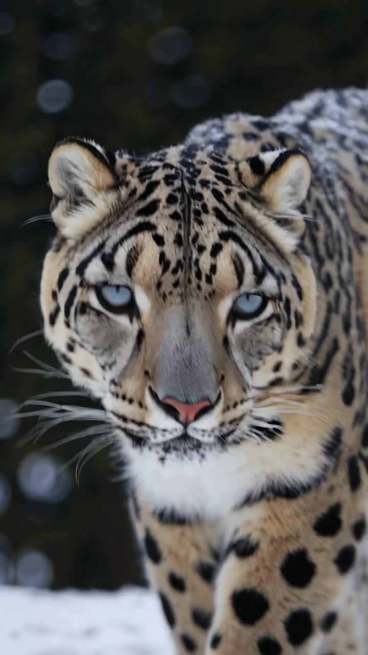 Close-up, eye-level shot of a snow leopard walking on snow, capturing its intense gaze