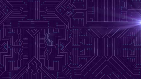 animation of computer circuit board digital data processing with light trails on purple background