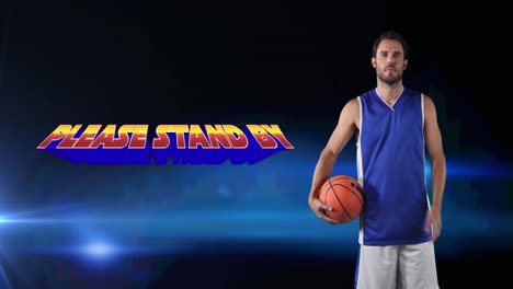 please stand by text and caucasian male basketball player with basketball against blue background