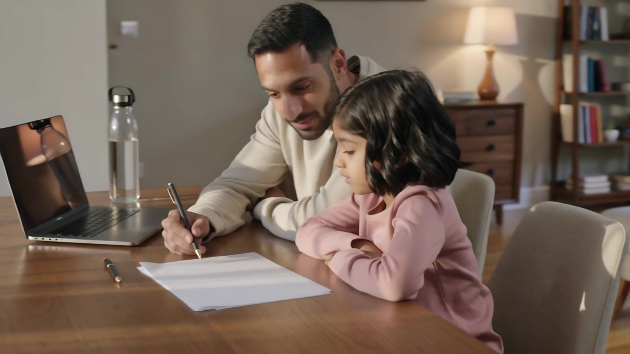 Padre che appoggia la penna su un foglio bianco e guida la figlia a scrivere al tavolo di casa, con maglione beige e top rosa.