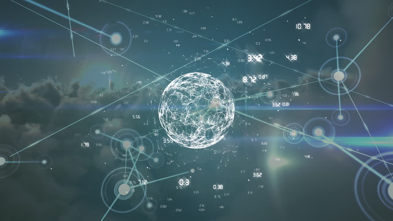 Animation of network of connections with numbers over globe, sky and clouds