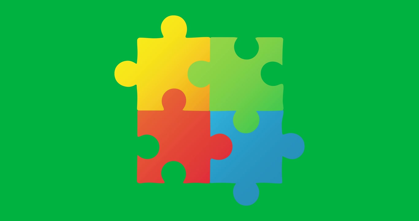 Animazione di quattro elementi di puzzle multicolori che formano un quadrato, simbolo del Mese della Consapevolezza sull'Autismo