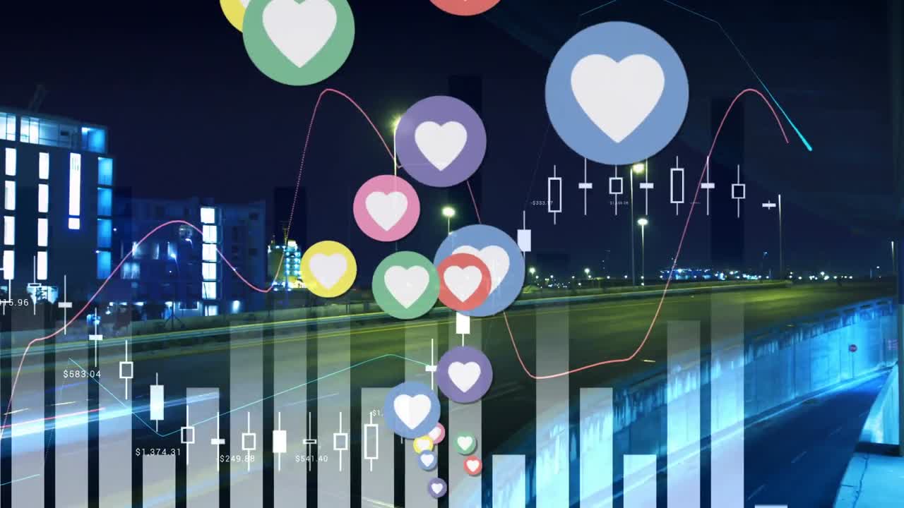 animación de datos estadísticos, iconos de corazón y número creciente en el paisaje urbano nocturno