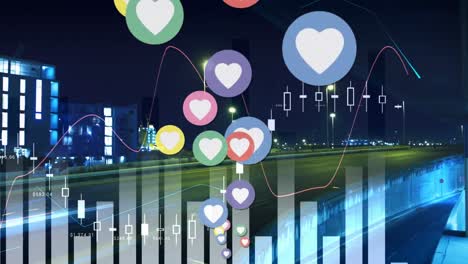 Animation-of-statistic-data,-heart-icons-and-increasing-number-in-night-cityscape