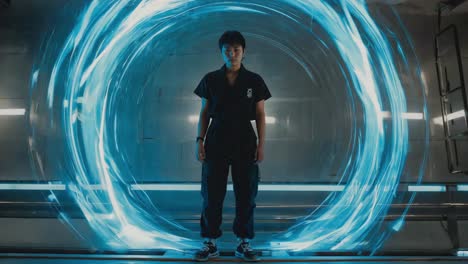 person standing in front of a glowing blue sci-fi portal
