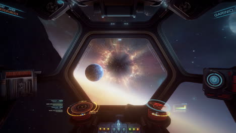 view from a spaceship cockpit in deep space with a glowing nebula and planet