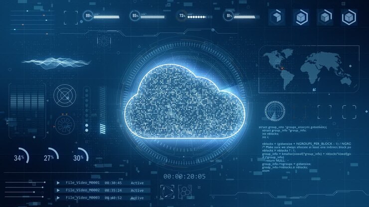 Motion graphic of Blue cloud computing with head up display ( HUD ) background and futuristic technology abstract background