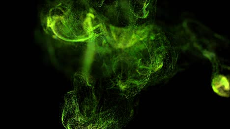 corriente de partículas luminosas verdes bajo el agua en fondo negro corre en un campo esférico, lugar para su texto, logotipo. canal alfa como luma mate. efecto de tinta de advección. 8