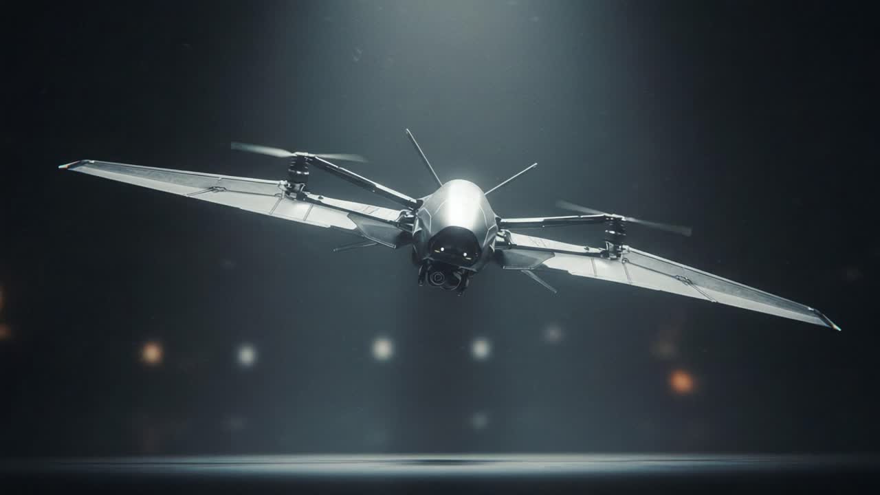 A futuristic flying drone showcasing advanced aerodynamics and sleek metallic design, hovering effortlessly with its intricate rotor system in a dimly lit environment