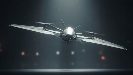 a futuristic flying drone showcasing advanced aerodynamics and sleek metallic design, hovering effortlessly with its intricate rotor system in a dimly lit environment