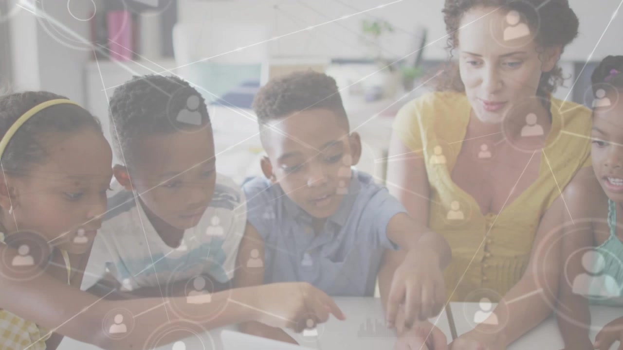 Teacher guiding children tapping laptop keys with fading icons showing network connection in edtech