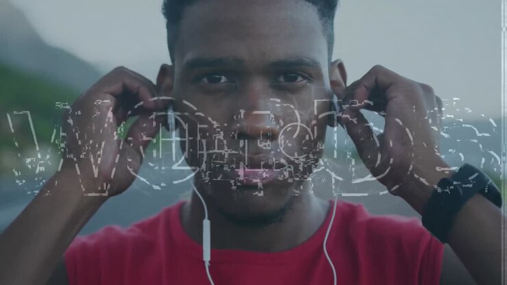 Animation of hello text over african american male runner wearing earphones