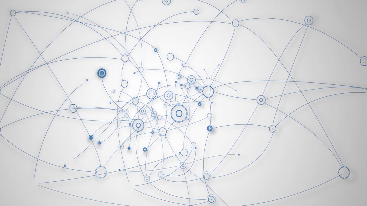 Animation of blue network of connections with spots over grey background