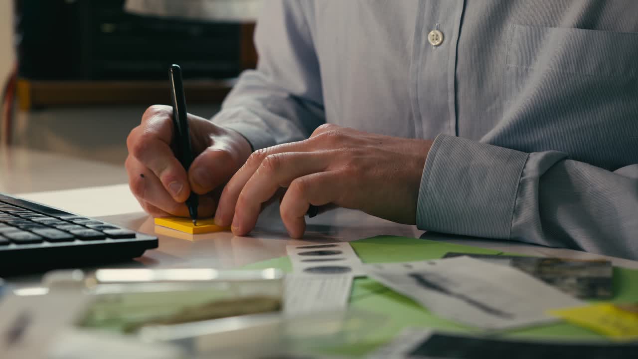 Man in blue shirt multitasks at his desk, alternating between typing on computer keyboard and writing on sticky notes with pen