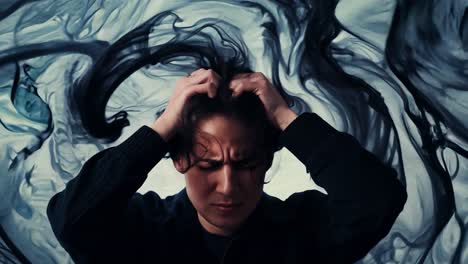 man with headache against a swirling background