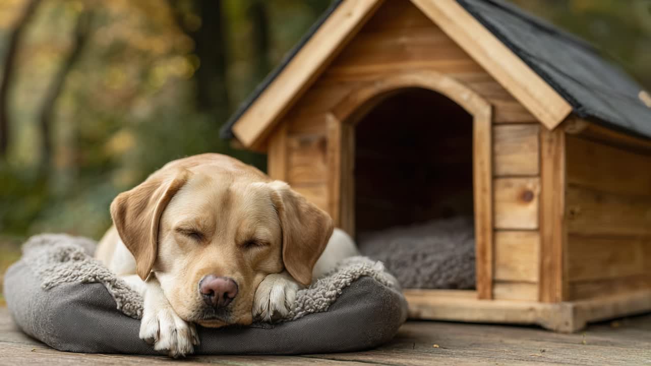 A Peaceful Labrador Retriever Enjoys a Cozy Nap by Its Wooden Dog House, Surrounded by Nature's Beauty and Autumn's Warm Hues