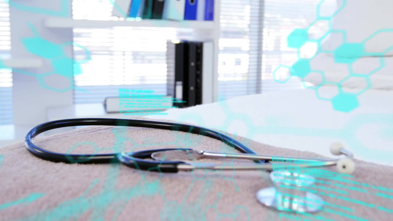 Animation of data processing and chemical formula over stethoscope on desk