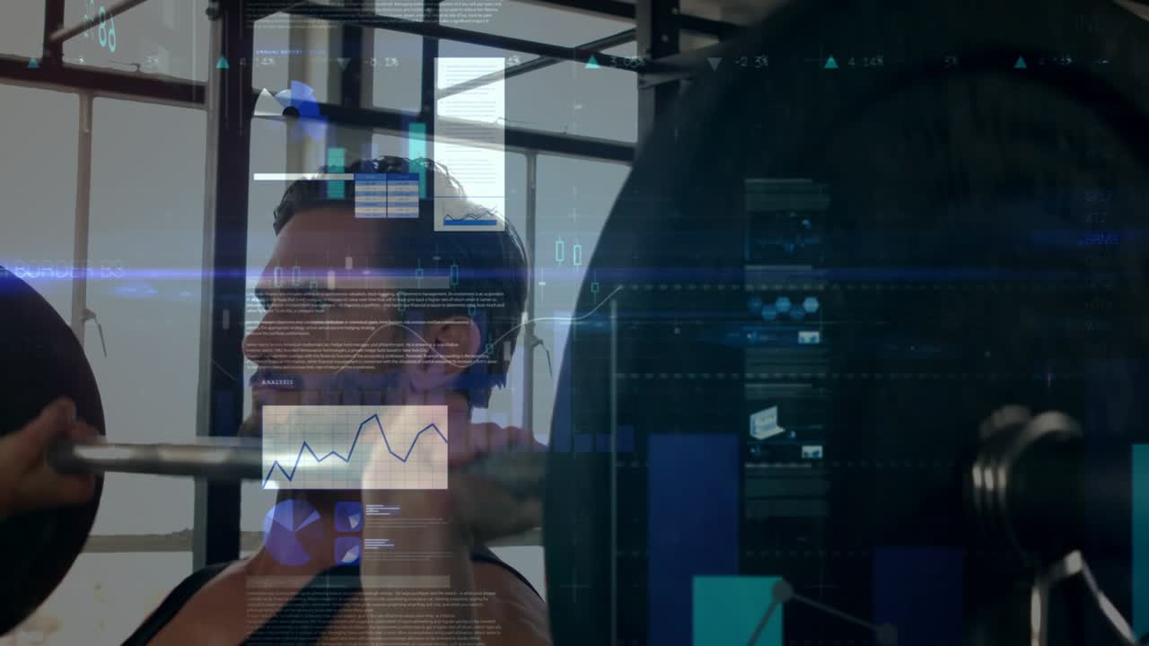 Male lifter securing bar, pressing overhead for fitness while transparent HUD charts tracking power
