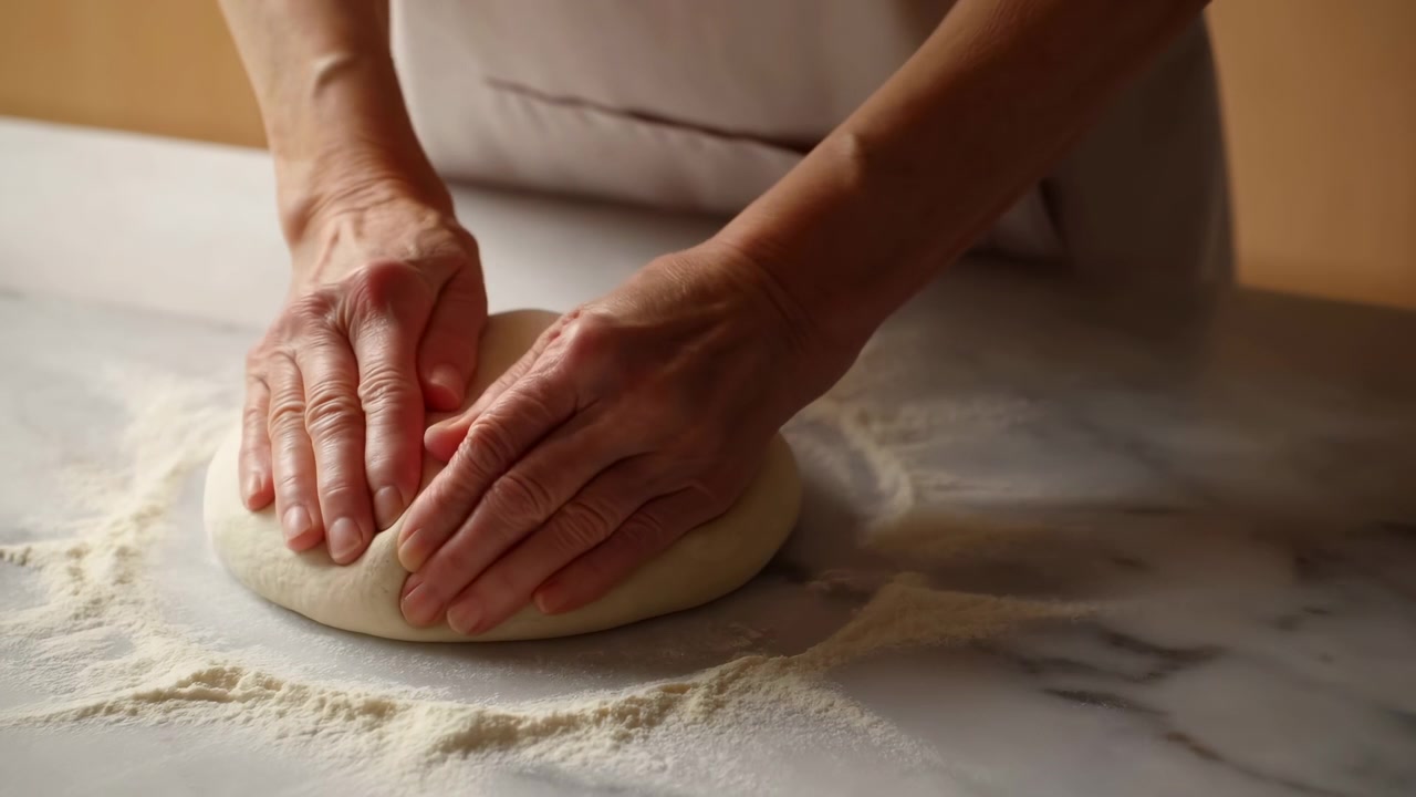 Primo piano di mani adulte che premono e piegano un impasto di pane liscio su una superficie di marmo infarinata, sotto una luce calda della cucina, con una leggera spolverata di farina, un grembiule neutro e una tranquilla atmosfera di panificazione domestica.