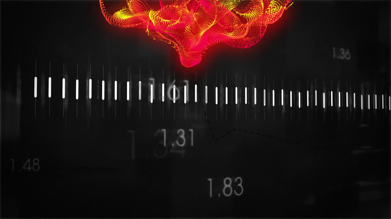 Colorful abstract wave animation over numerical data and graph elements