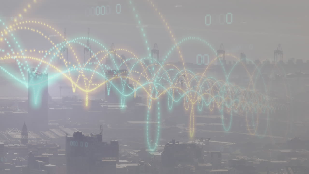 도시 풍경의 공중 뷰를 통해 데이터 처리의 애니메이션