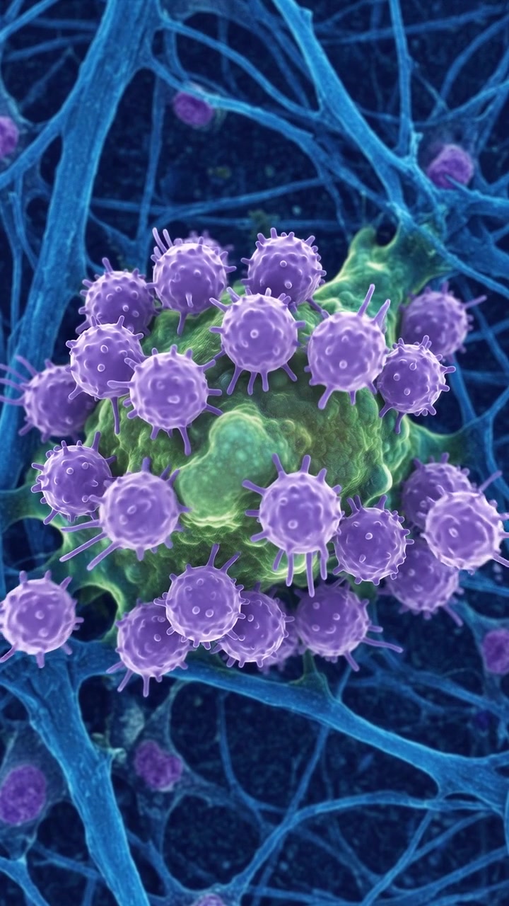 Visione microscopica di particelle virali che attaccano una cellula biologica
