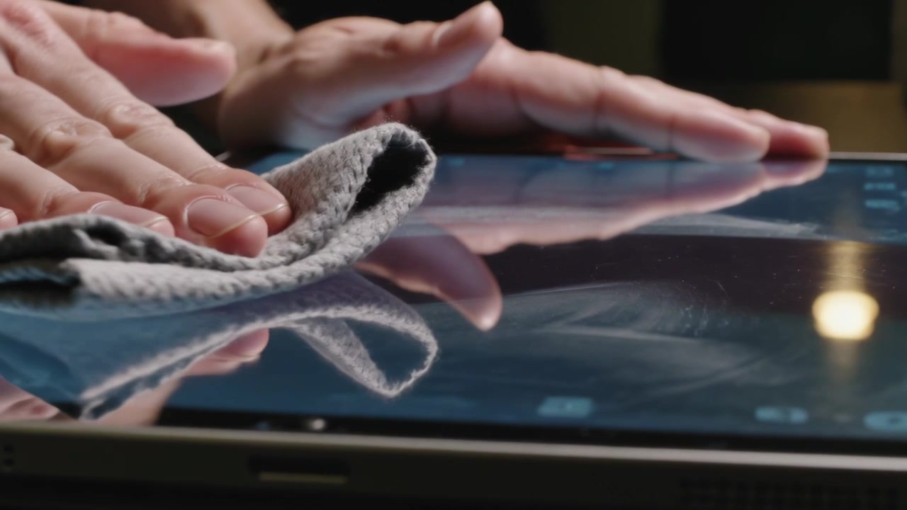 Hands placing microfiber cloth and wiping tablet to clear smudges on table, warm light