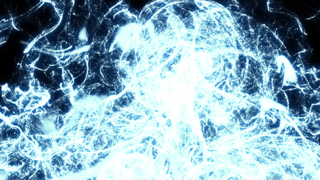 Abstract Blue Glowing Energy Particles Flowing on Black