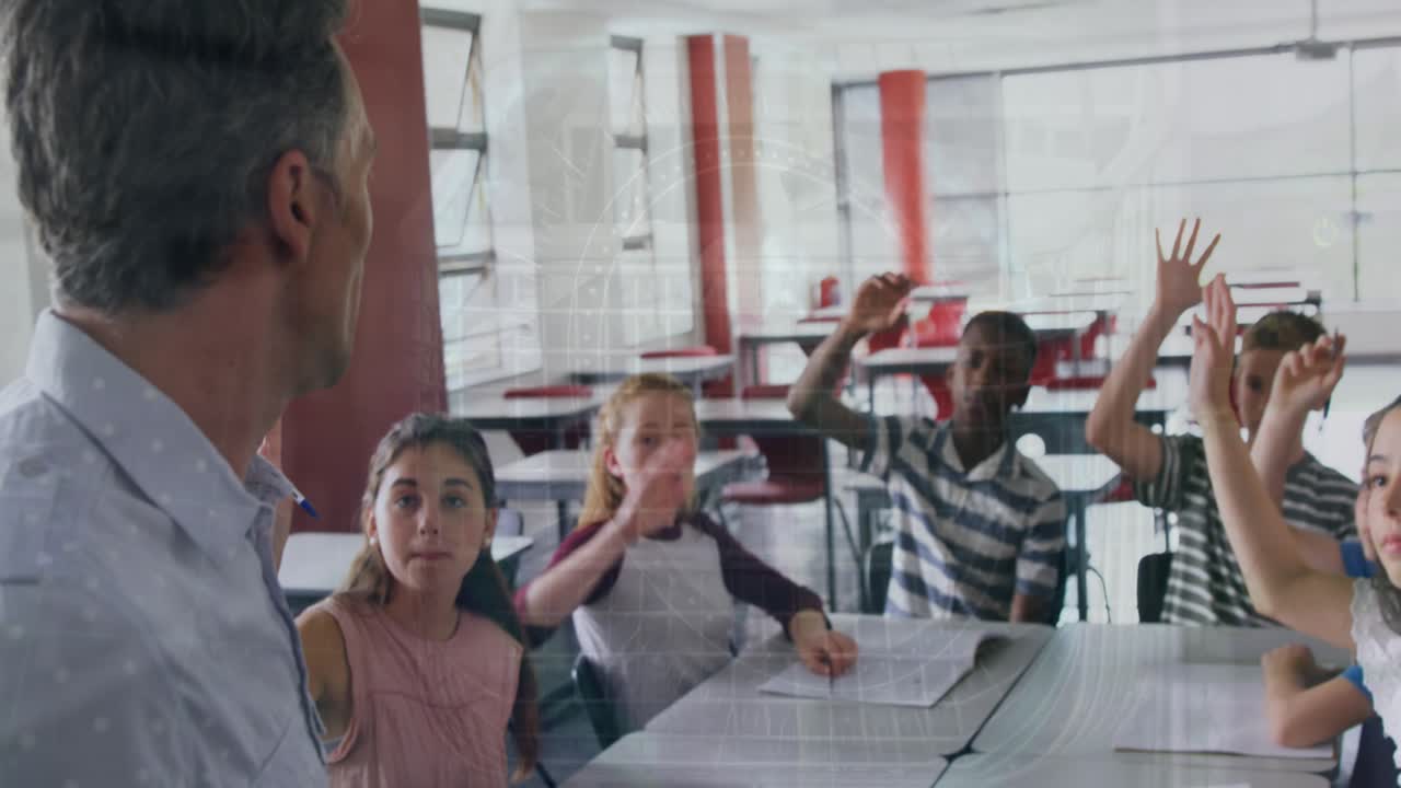 Animation of data processing over diverse students with male teacher raising hands
