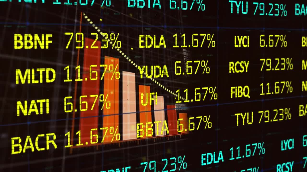 Animazione dell'elaborazione di dati finanziari su sfondo nero