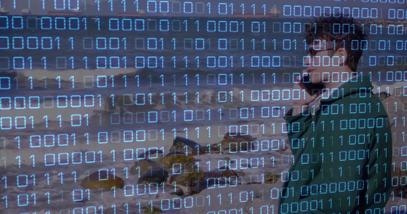 Person talking on phone with binary code animation over beach background