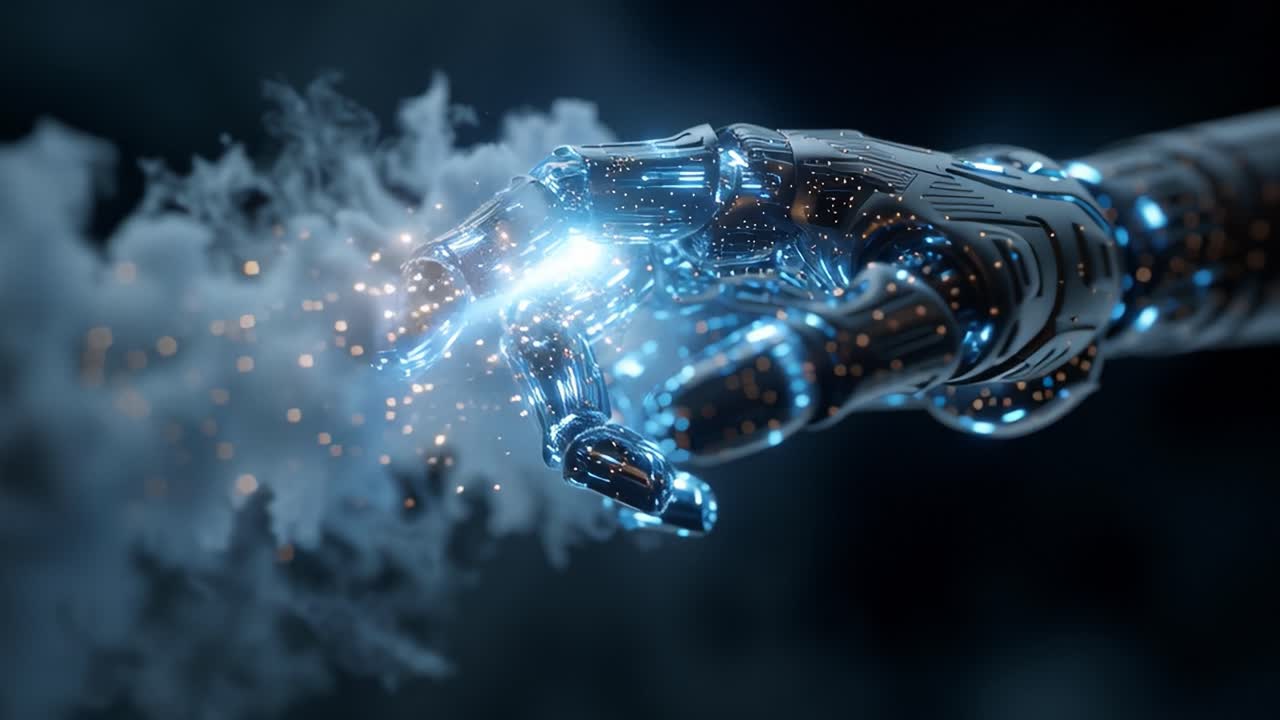 A Cinematic Exploration of a Futuristic Robotic Hand Creating Sparks in a Cloudy Environment, Showcasing Advanced Technology and the Intricate Interaction Between Machine and Nature