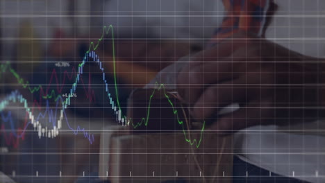 man tapping tablet on office desk, displaying financial charts with line graphs, candlesticks