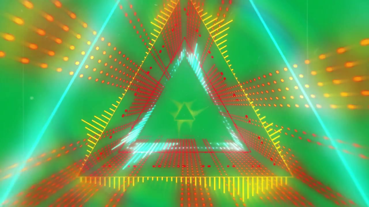 Tunnel astratto a triangoli al neon con effetti di luce pulsante.