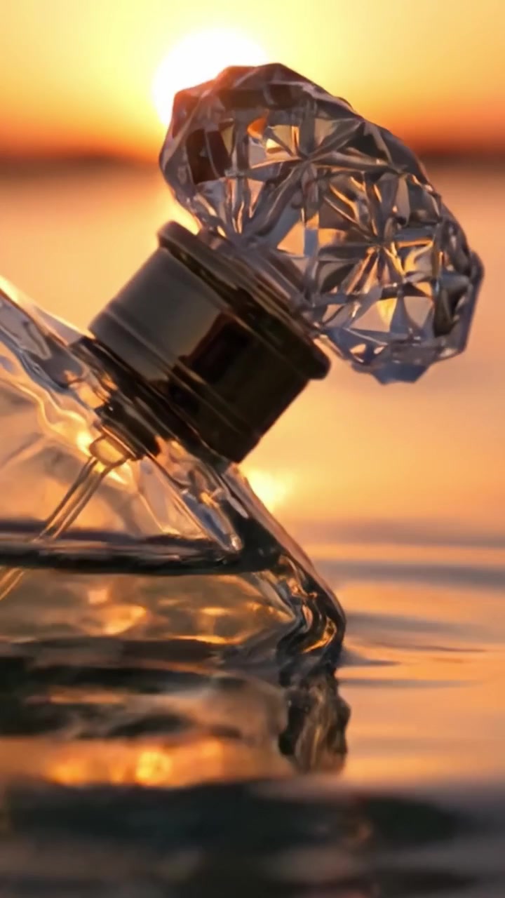 Riflessi di Tramonto Accattivanti: Un Primo Piano di una Bottiglia di Profumo Fragrante Tra Acque Scintillanti, Che Esprime Eleganza e Serenità nell'Abbraccio della Natura