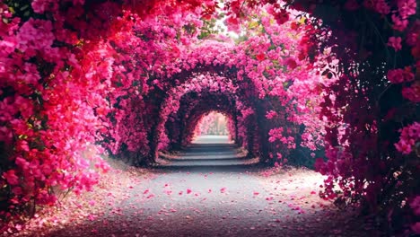 a tunnel of pink flowers in the middle of a road