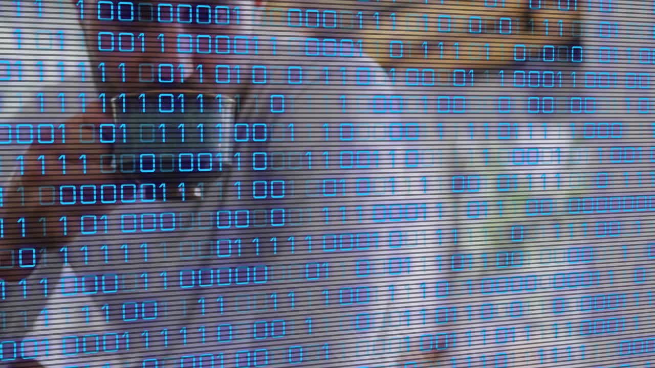 Animation of binary coding data processing over caucasian man drinking coffee