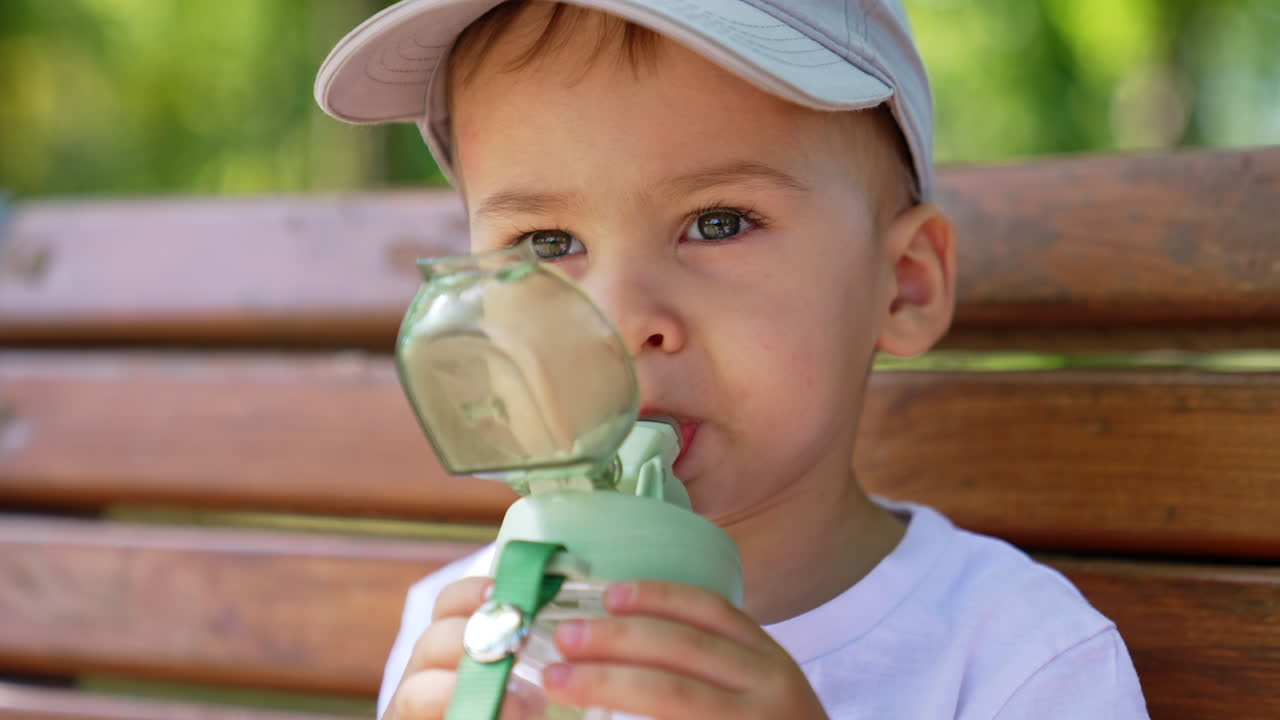 Focused face of a Caucasian baby in cap drinking from a bottle. Kid sitting on the bench finishes his drink and gives it to mom.