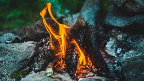 Vivid smoldered firewoods burned in fire close-up. Atmospheric chaotic hyperlapse with orange flame of campfire. Warm whirlwind of glowing embers in air. Timelapse of bonfire with bright sparks bokeh.