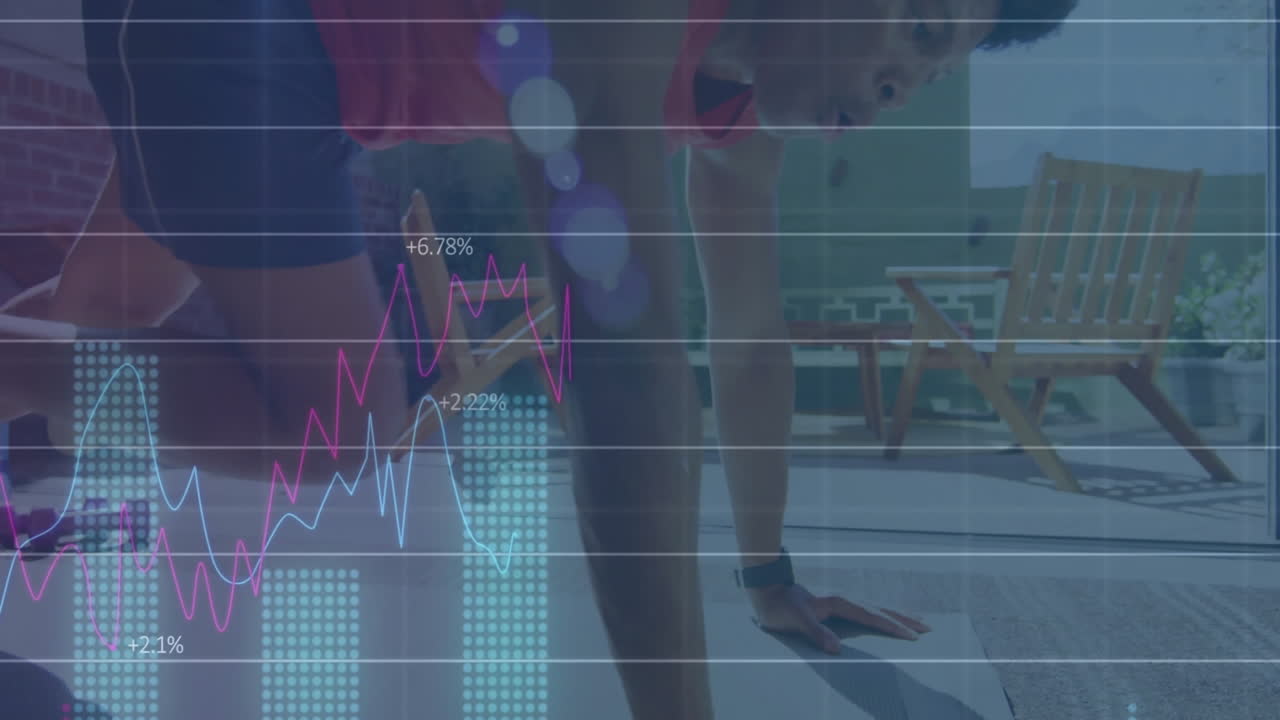 Man performing plank on gray rug in living room displaying animated financial graphs and bar charts