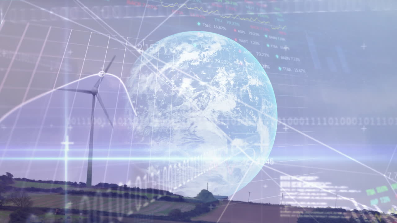 지구와 풍력 터빈 위의 데이터 처리 바이너리 코딩의 애니메이션