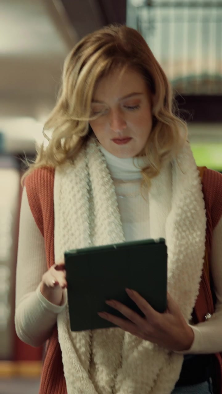 Ung kvinde bruger tablet under pendling med offentlig transport