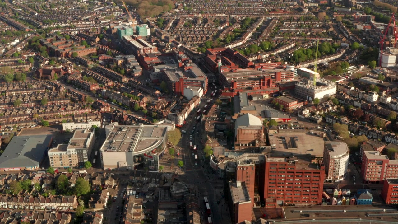 Aerial shot looking south over Wood Green high street North London