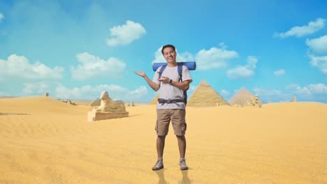 man traveler in the desert near pyramids