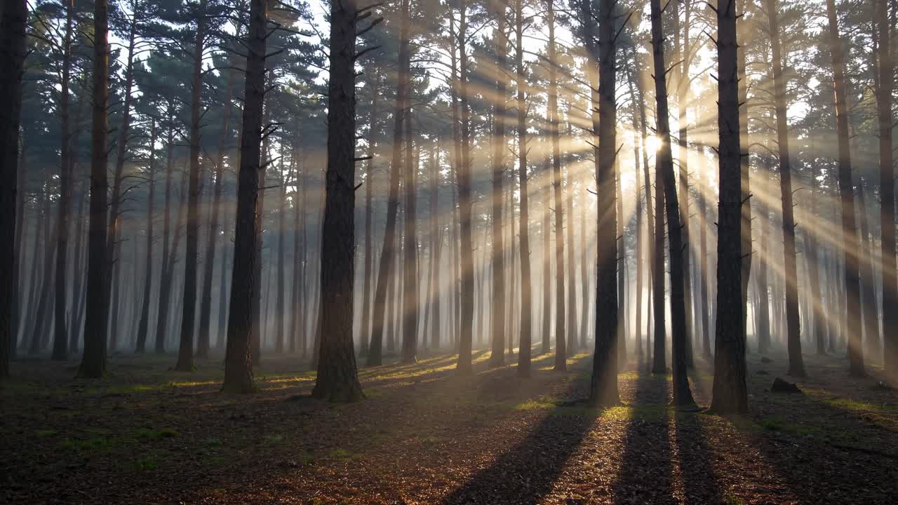 Sunlight streams through tall trees in a serene forest, captured from a low angle