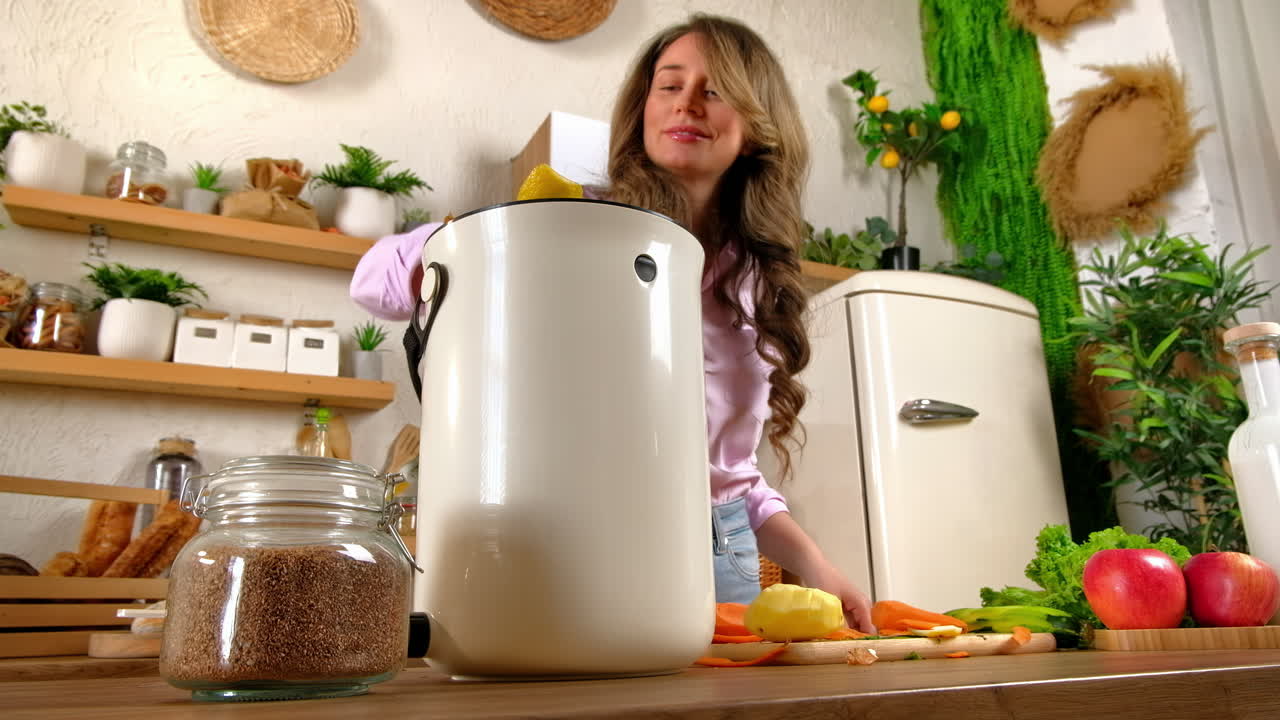 Woman recycling organic waste by composting vegetables peels in the Bokashi in the kitchen